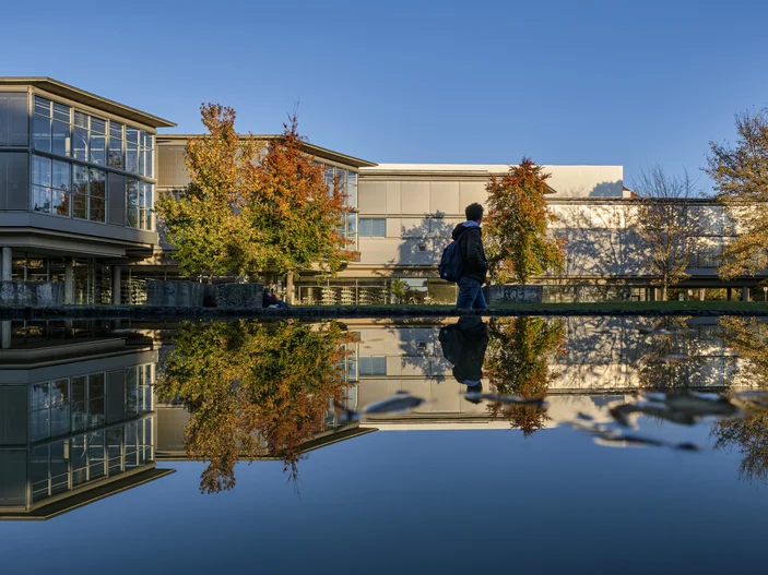 Die Zentralbibliothek spiegelt sich im Wasser im Herbst