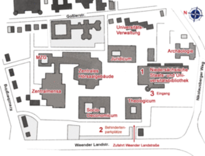 Lageplan Zentralbibliothek der SUB Göttingen mit Parkplätzen für Behinderte