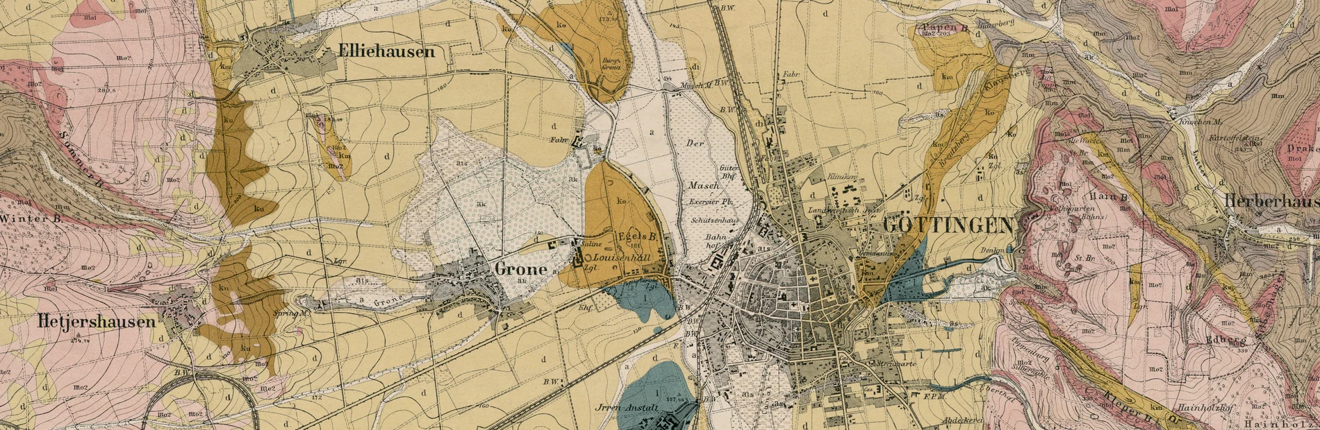 Geologische Karte Göttingen vom Ende des 19. Jahrhunderts Geologische Karte von Göttingen und der umliegenden Region in verschiedenen Farben